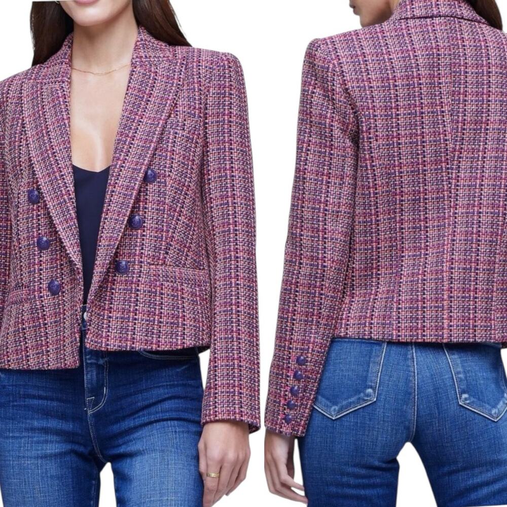 L’AGENCE Brook Tweed Double Breasted Cropped Blazer Purple Pink Size 10 - Picture 3 of 15